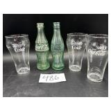 3 Vintage Coke glasses, 2 Coke bottles