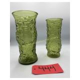 2 Avocado Green, Crinkle Glass vases