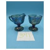 Blue Carnival Iridescent, goblet and creamer
