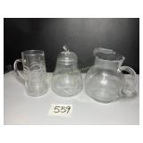2 glass pitchers, glass pear jar