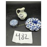 3 blue and white ceramic pieces