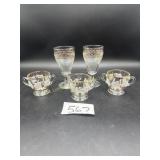 2 glass goblets, 2 sugar bowls and creamer