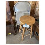 Wood bar stool, 29' Tall, 2 metal fold up chairs