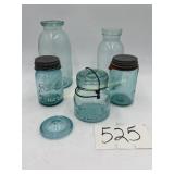 Lot of 6 blue canning jars, 3 pints, 2 qt., 1 old