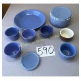 Hall lidded bowl, 5 mismatched blue custards,