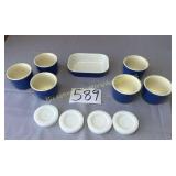 6 Blue Oxford stoneware custards with 4 glass