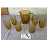 Anchor Hocking Amber pitcher with 6 matching