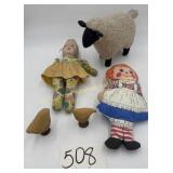 Vintage doll, Raggedy Ann, and sheep