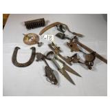 Lot of Primitives Old Ice Skates, horse shoe,