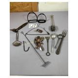 Flat of Primitive tools, aluminum utensils, shoe