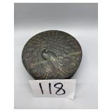 Heavy metal container, with peacock on lid