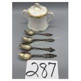 4 Sterling spoons, Vodrey pottery gold trimmed