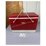 Red Old Coleman cooler, 18 1/2' W x 14' T x 11' D