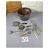 Bucket of old Kitchenware, strainers, whiskers,