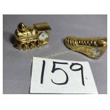 Gold toned Elgin clocks, 1 shoe, 1 train engine