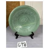 Large green speckled ceramic art pottery on stand