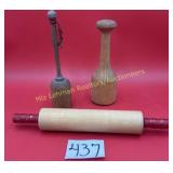15 1/2' Red Handled rolling pin,  2 wood stompers