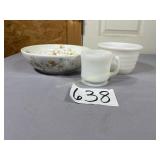 Hazel Atlas coffee mug, Milk Glass mixing bowl