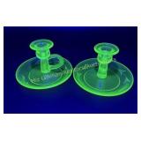 Green Depression glass candlesticks with etched