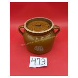 Vintage Carmel glazed bean pot with lid, As is