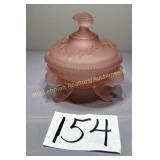 Covered pink frosted candy dish,  unmarked
