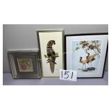 Lot of 3 decorative pictures, 2 metallic birds(9