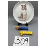 Melmac Lassie plate, 2 Pez dispensers Yosemite