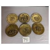 6 Brass decorative wall hanging plates, some