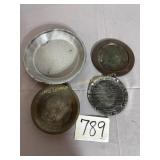 Primitive granite pie pan, brass plate, trays, 4
