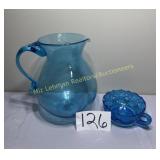MCM Blue glass Pitcher, blue candy dish with