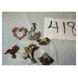 6 Vintage Broaches. Hummingbird, Peacock, Bird,