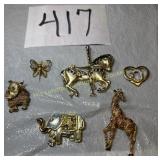 6- Vintage Broaches Giraffe, Elephant, Carousel,