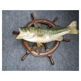 LARGE MOUTH BASS MOUNTED ON A CAPTAINS WHEEL