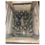 WOODEN CRATE WITH 20 CLEAR GLASS INSULATORS
