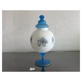BLUE & WHITE GLASS GLOBE PEDESTAL DISH W/ FLORAL