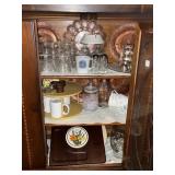 CONTENTS OF CHINA CUPBOARD: TABLECLOTHS, CORELLE,