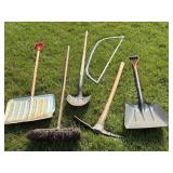 HAND TOOLS INCLUDING SHOVELS, BROOM, PICKAXE &