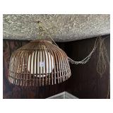 WOODEN CAGE STYLE HANGING LIGHT APPROX 17"