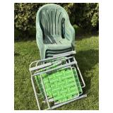 (5) PLASTIC LAWN CHAIRS & (3) METAL FOLDING LAWN