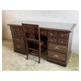 WOODEN OFFICE DESK W/ GLASS TOP & CHAIR