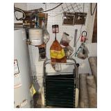 (2) LAWN CHAIRS, PLASTIC STORAGE TOTE ON WHEELS &