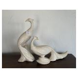 (2) WHITE SPLATTERWARE CERAMIC PEACOCK FIGURES