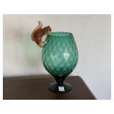 BLUE GLASS VASE W/ CERAMIC SQUIRREL FIGURE