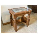 WOODEN END TABLE W/ BOOK STAND & GLASS TOP