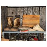 CONTENTS OF METAL SHELVING UNIT: TOASTER, BOOTS,