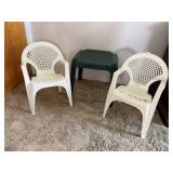 (2) PLASTIC KIDS LAWN CHAIRS & PLASTIC TABLE