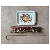 HOME DECOR INCLUDING TIN TRAY W/ STAND, WOODEN