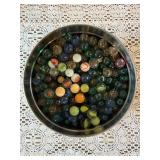 LARGE COFFEE TIN FULL OF GLASS MARBLES