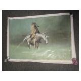 (3) WATERCOLOR ON CANVAS PICTURES: INDIAN ON HORSE