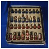 WOODEN HAND PAINTED CHESS PIECES APPROX 2" & 3"